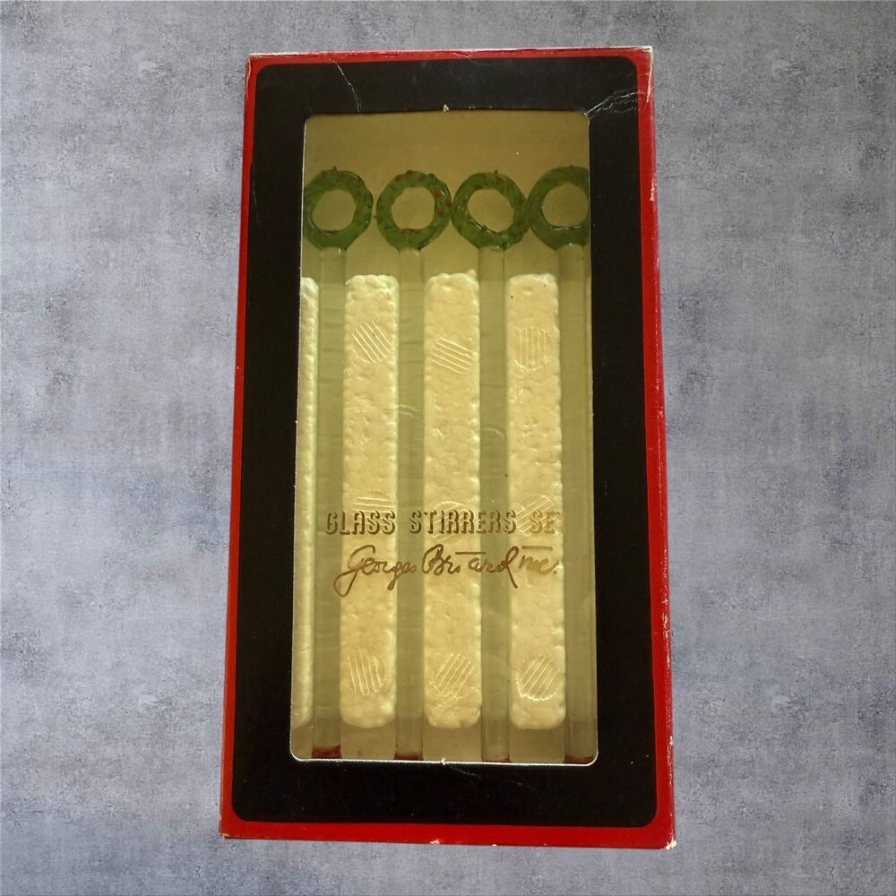 Vtg Georges Briard Glass Christmas Wreath Cocktail Stirrers Swizzle Sticks Set 4